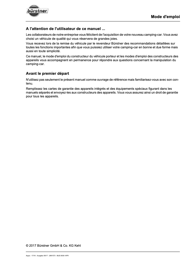 Page 1 de la notice Manuel utilisateur Bürstner Capucines (2018)
