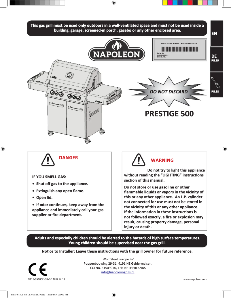Page 1 de la notice Manuel utilisateur Napoleon Grills Prestige 500