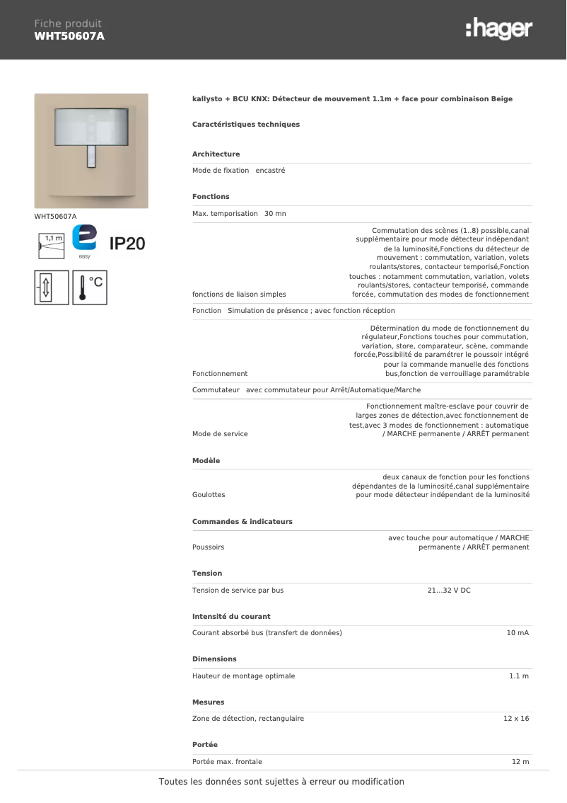 Page 1 de la notice Fiche technique Hager WHT50607A