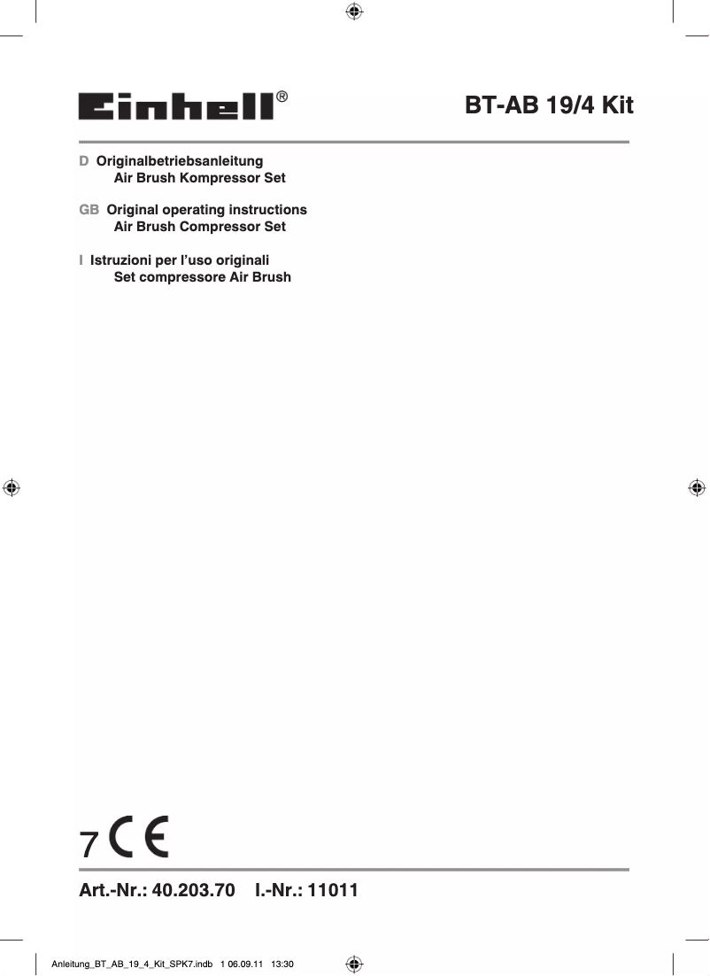 Page 1 de la notice Manuel utilisateur Einhell BT-AB 19/4 Kit