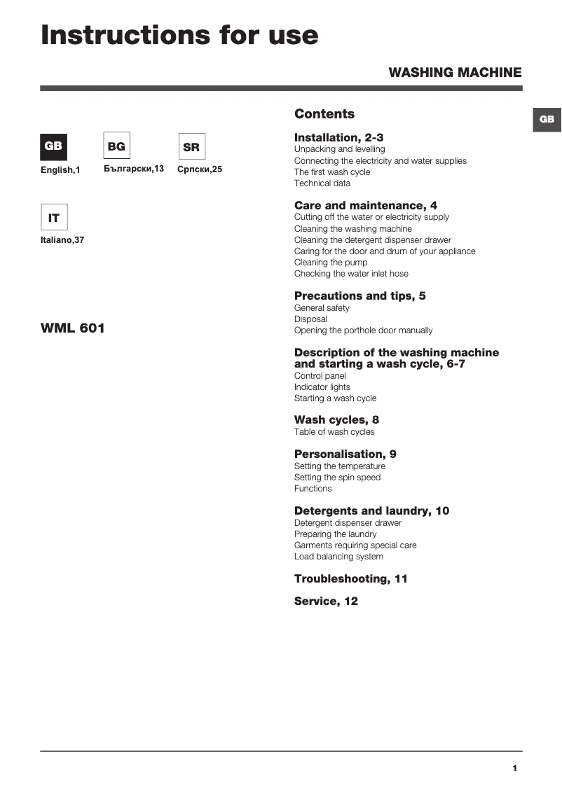 Image de la première page du manuel de l'appareil WML 601 (EU)