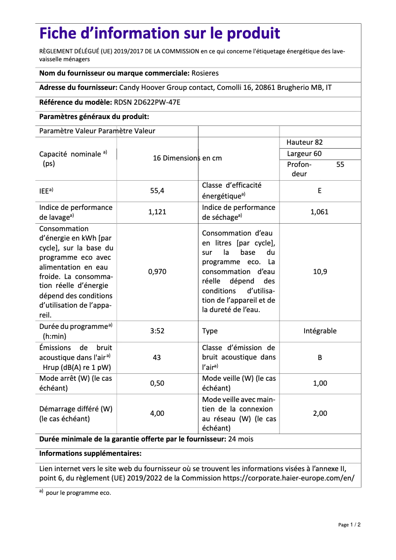 Page 1 de la notice Fiche technique Rosieres RDSN 2D622PW