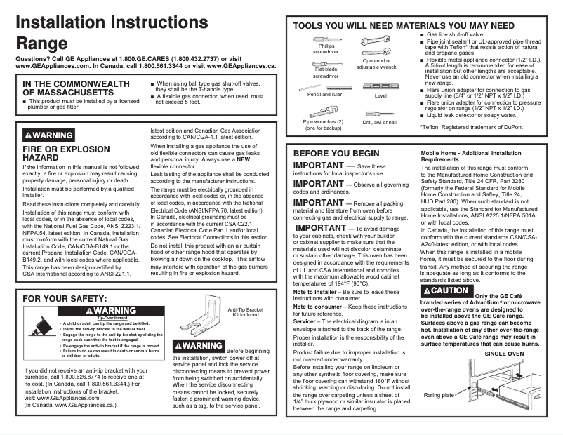 Page 1 de la notice Guide d'installation GE PGS930BELTS