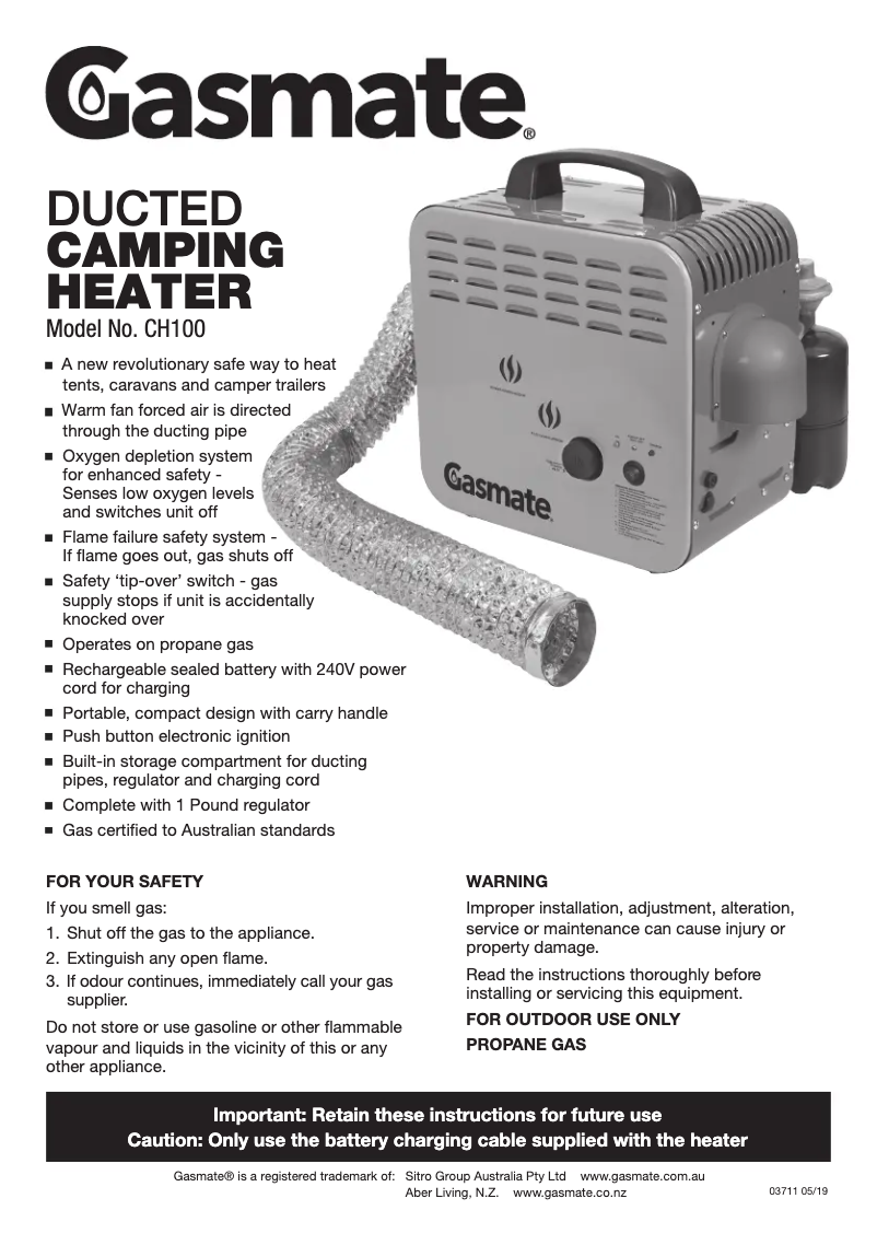 Page 1 de la notice Manuel utilisateur Gasmate CH100