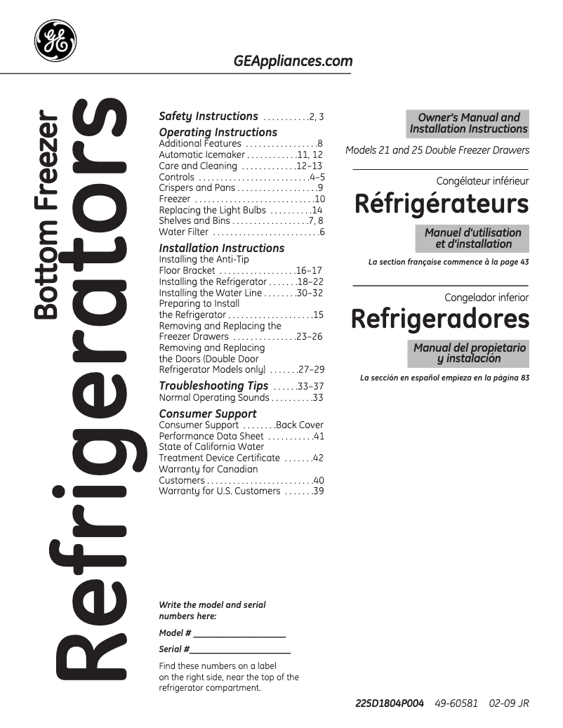 Page 1 de la notice Manuel d'utilisation et d'entretien GE PGSS5PJYSS