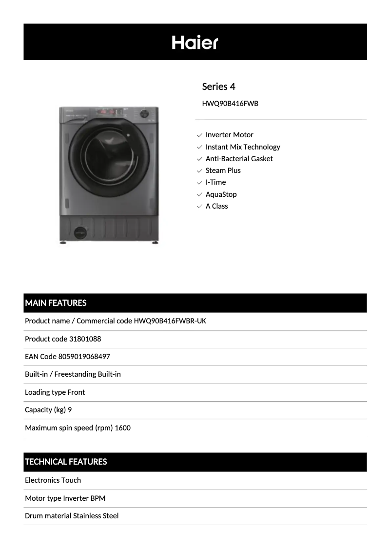 Page 1 de la notice Fiche technique Haier HWQ90B416FWB