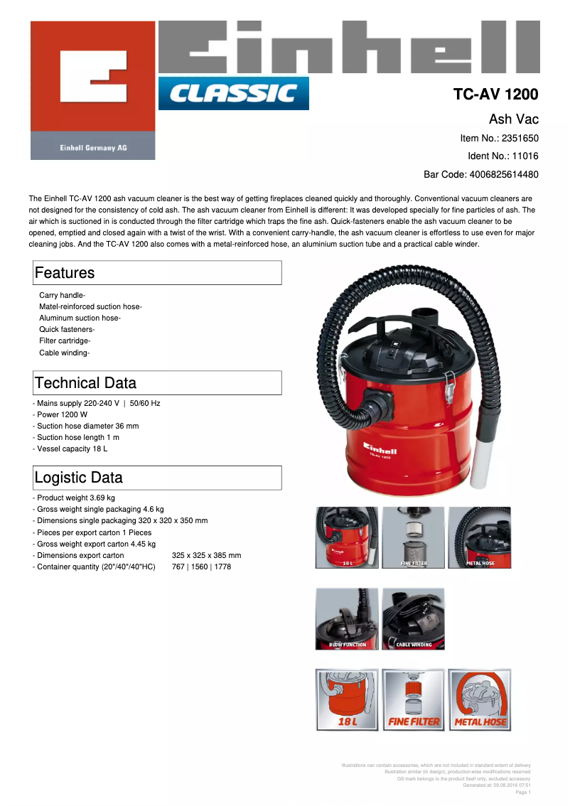 Página 1 del manual Ficha técnica Einhell TC-AV 1200