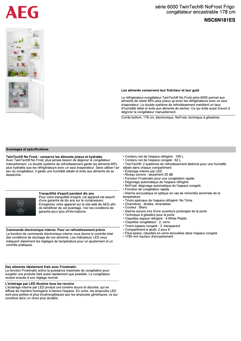 Page 1 de la notice Fiche technique AEG NSC6N181ES