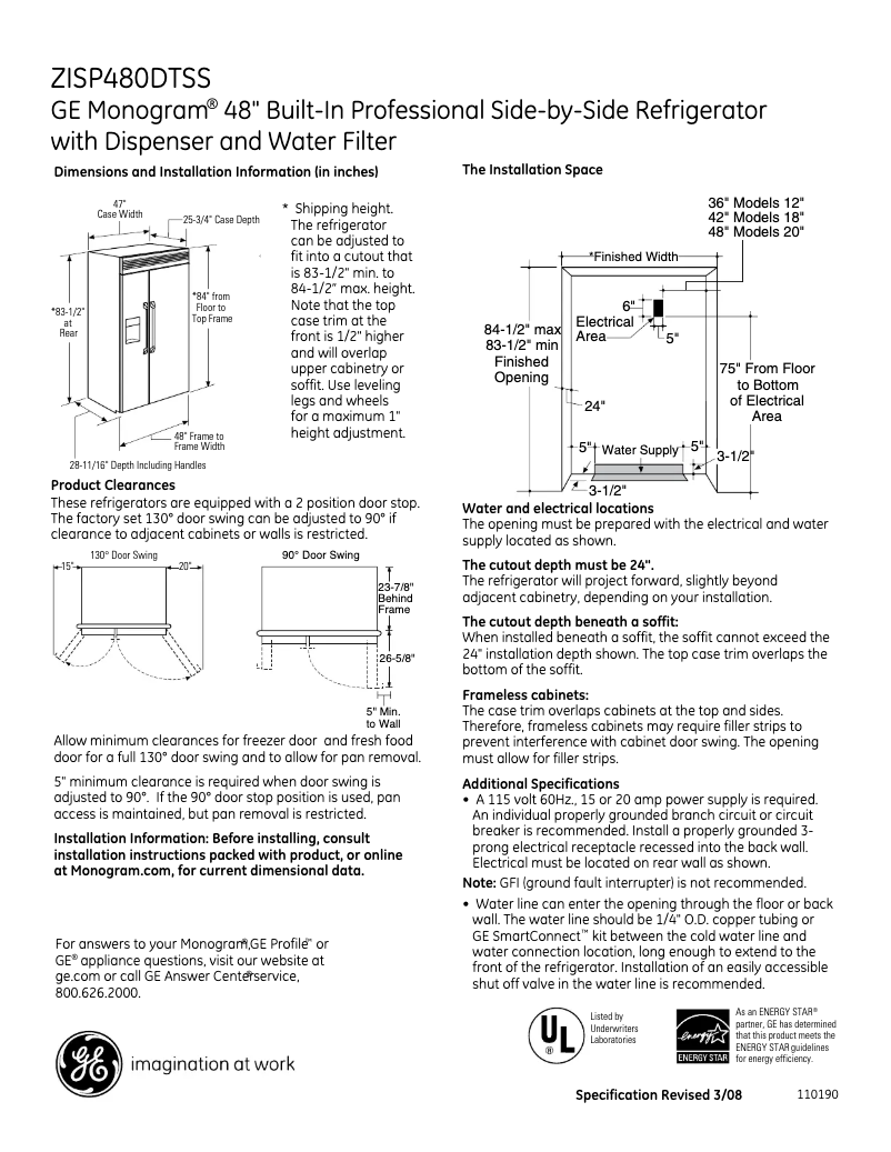 Page 1 de la notice Fiche technique GE ZISP480DTSS