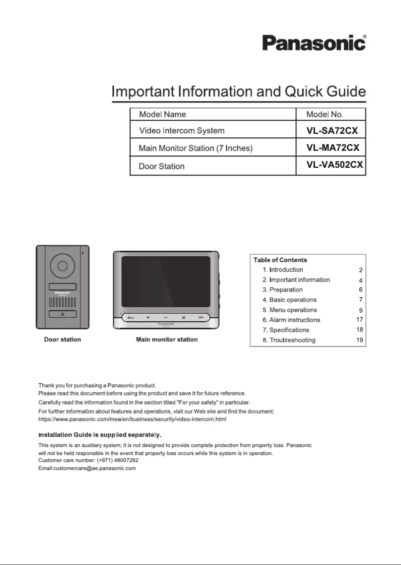 Imagen de la primera página del manual del dispositivo VL-SA72CX