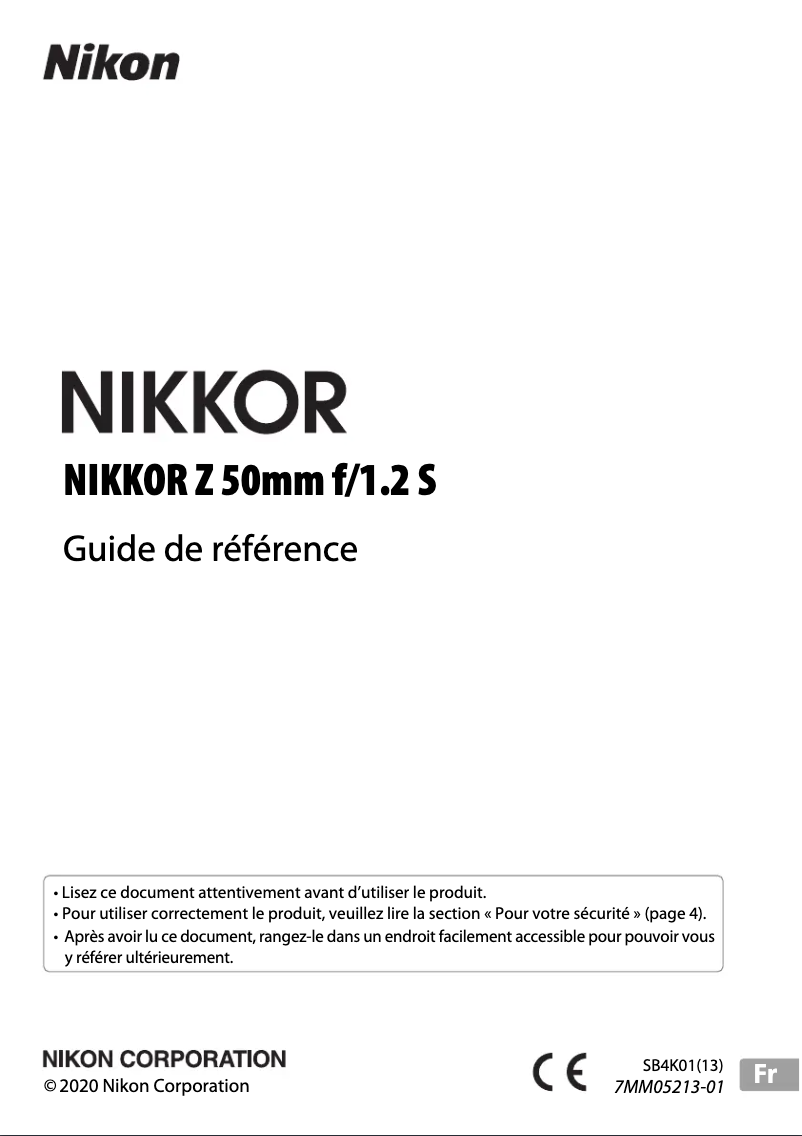 Image de la première page du manuel de l'appareil NIKKOR Z 50mm f/1.2 S