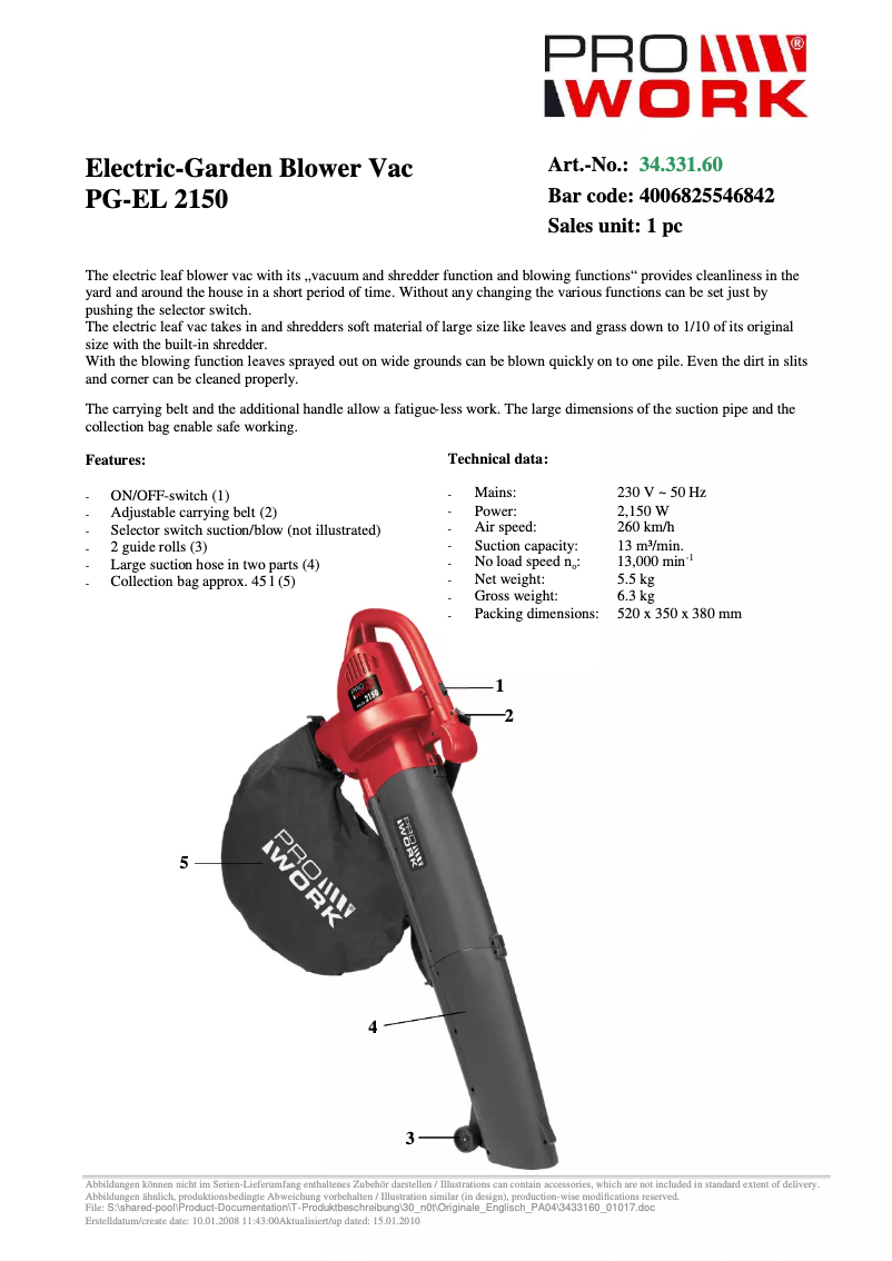 Page n°1 - Manuel utilisateur Prowork PG-EL 2150