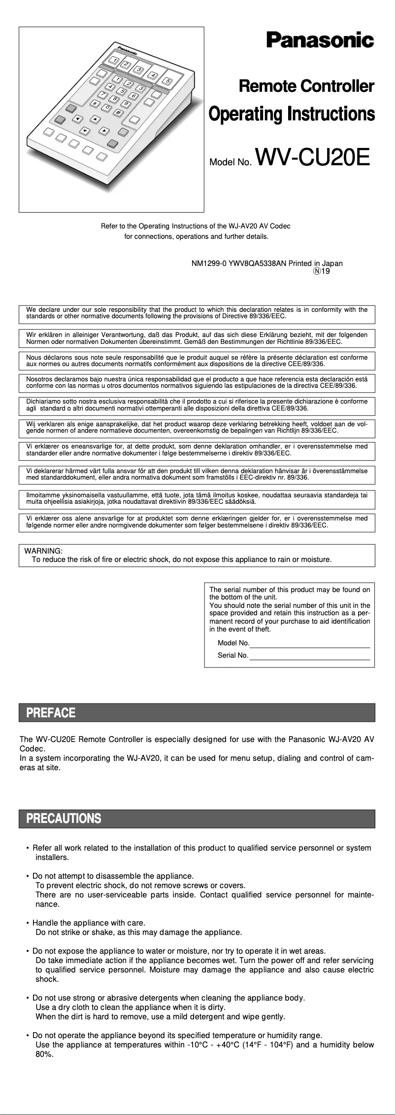 Image de la première page du manuel de l'appareil WV-CU20