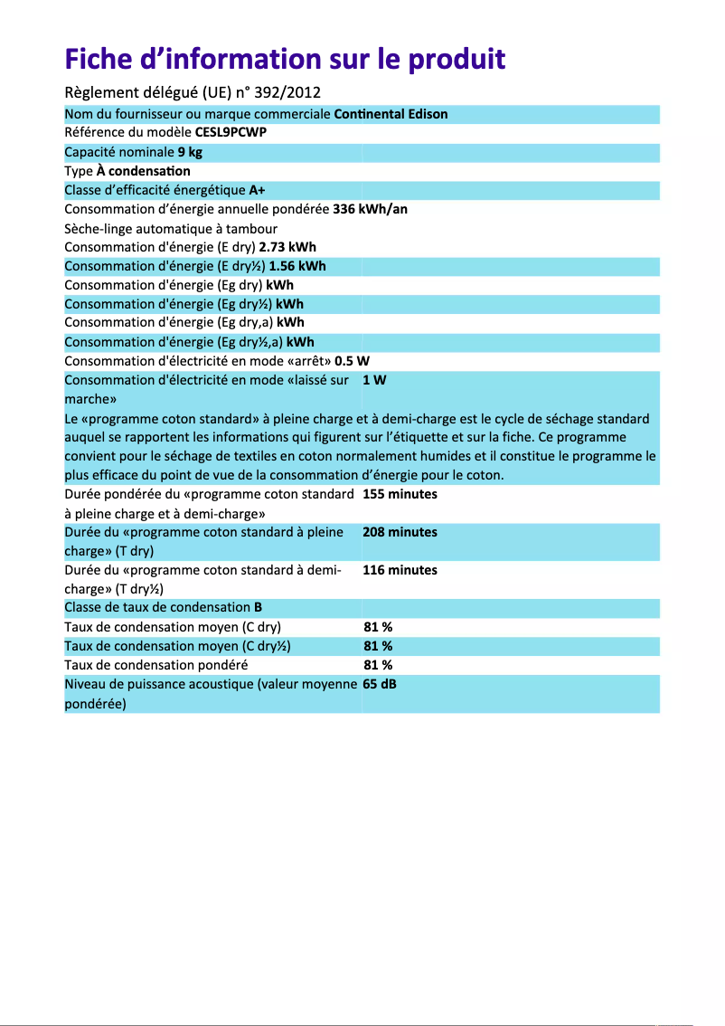 Image de la première page du manuel de l'appareil CESL9PCWP