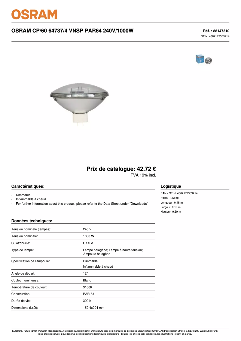 Page n°1 - Fiche technique Osram PAR64