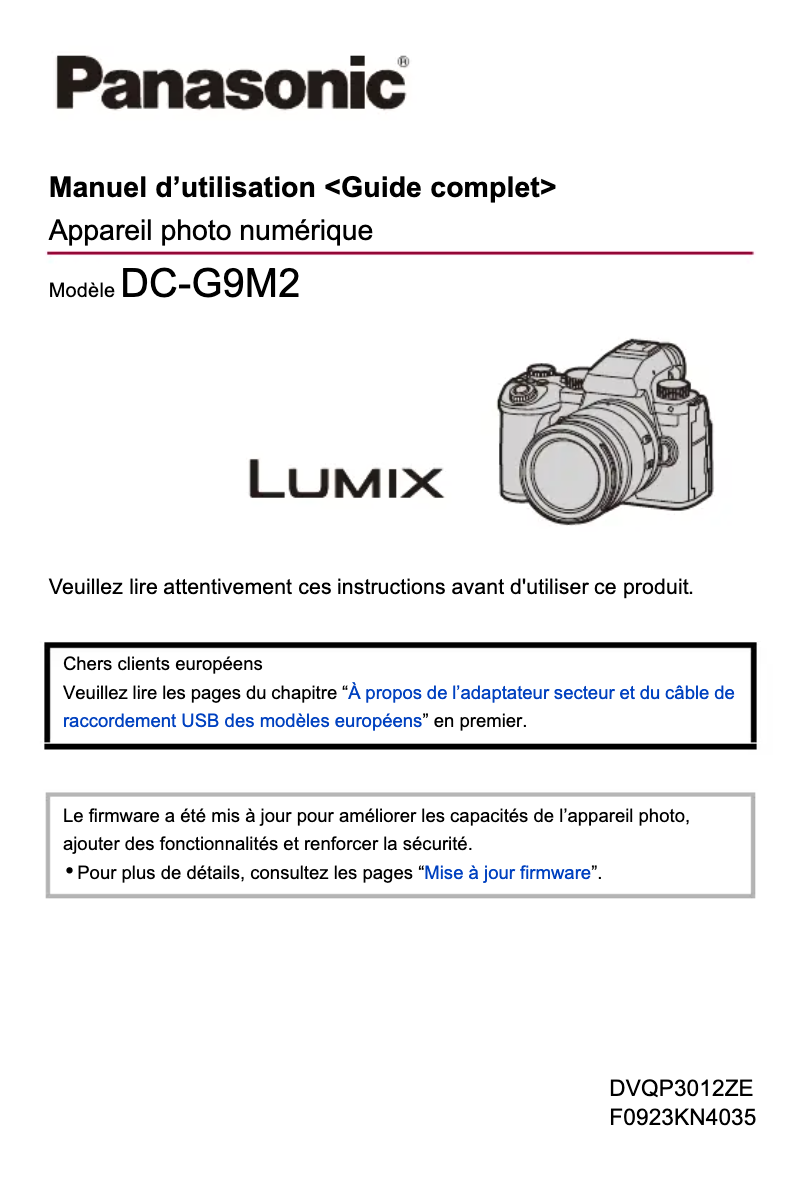 Page 1 de la notice Manuel utilisateur Panasonic Lumix DC-G9M2