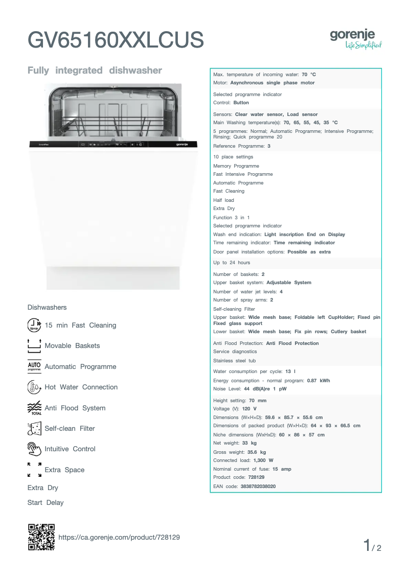 Page n°1 - Fiche technique Gorenje GV65160XXLCUS