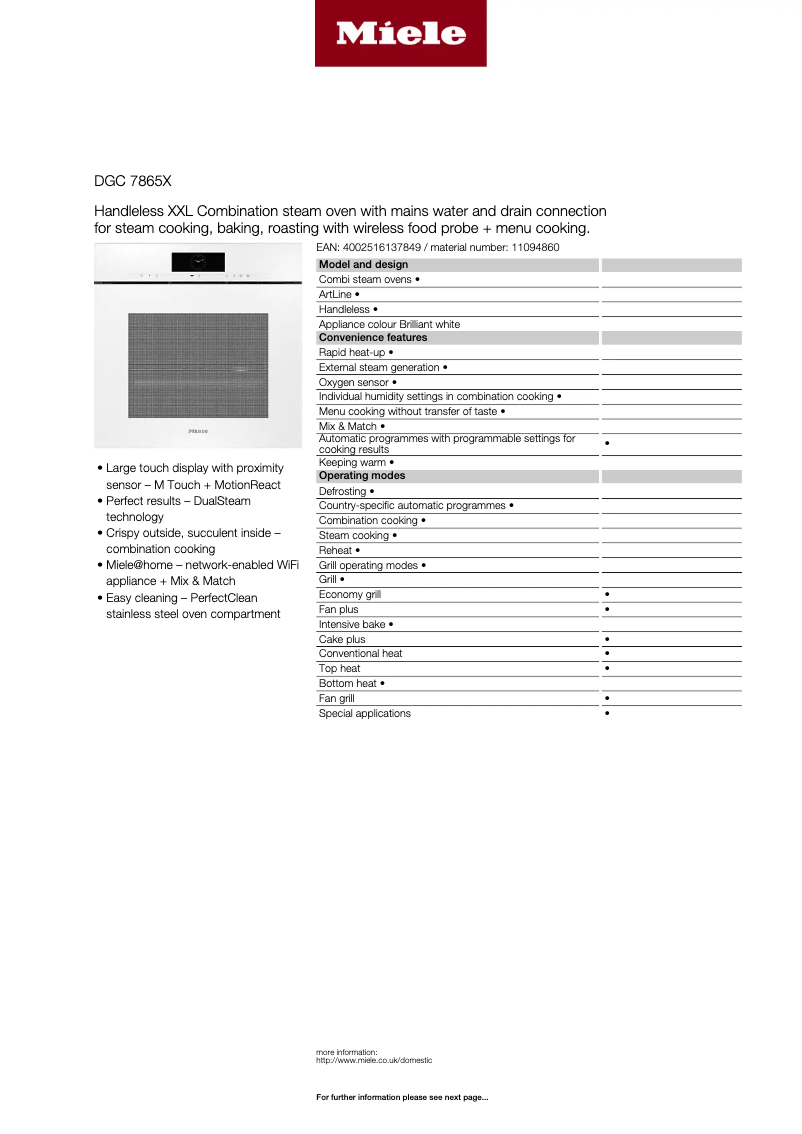Page n°1 - Fiche technique Miele DGC 7865 X