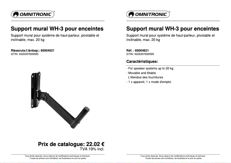 Page 1 de la notice Fiche technique Omnitronic WH-3