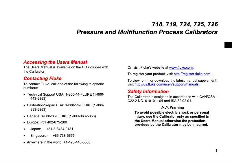 Page 1 de la notice Instructions de sécurité Fluke 725