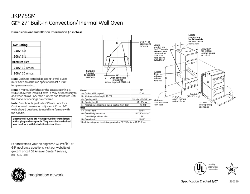 Page 1 de la notice Fiche technique GE JKP75SMSS