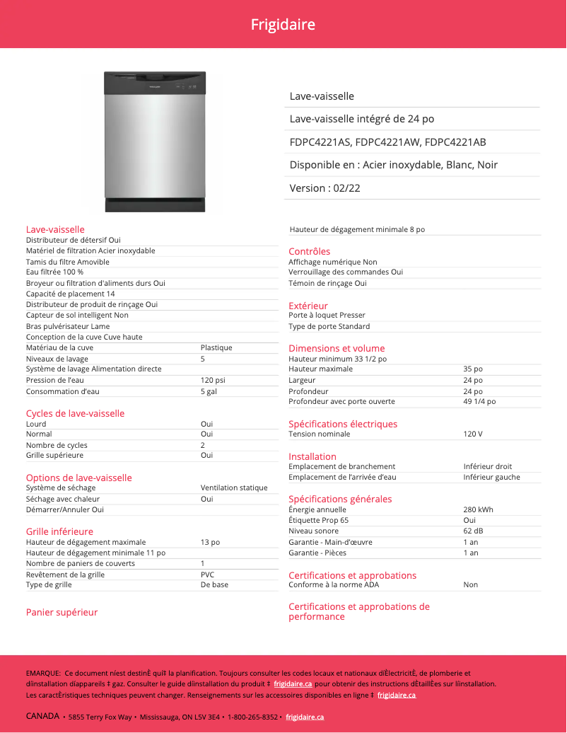 Page n°1 - Fiche technique Frigidaire FDPC4221AB