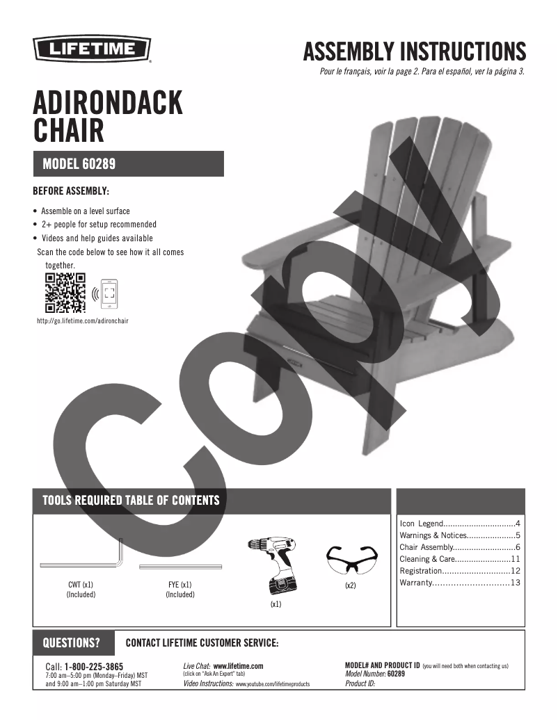 Page 1 de la notice Manuel utilisateur Lifetime 60289