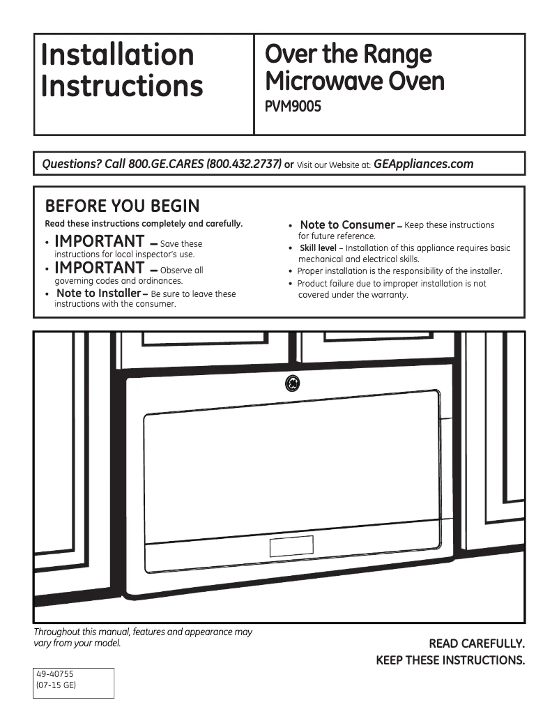 Page 1 de la notice Guide d'installation GE Profile PVM9005BLTS