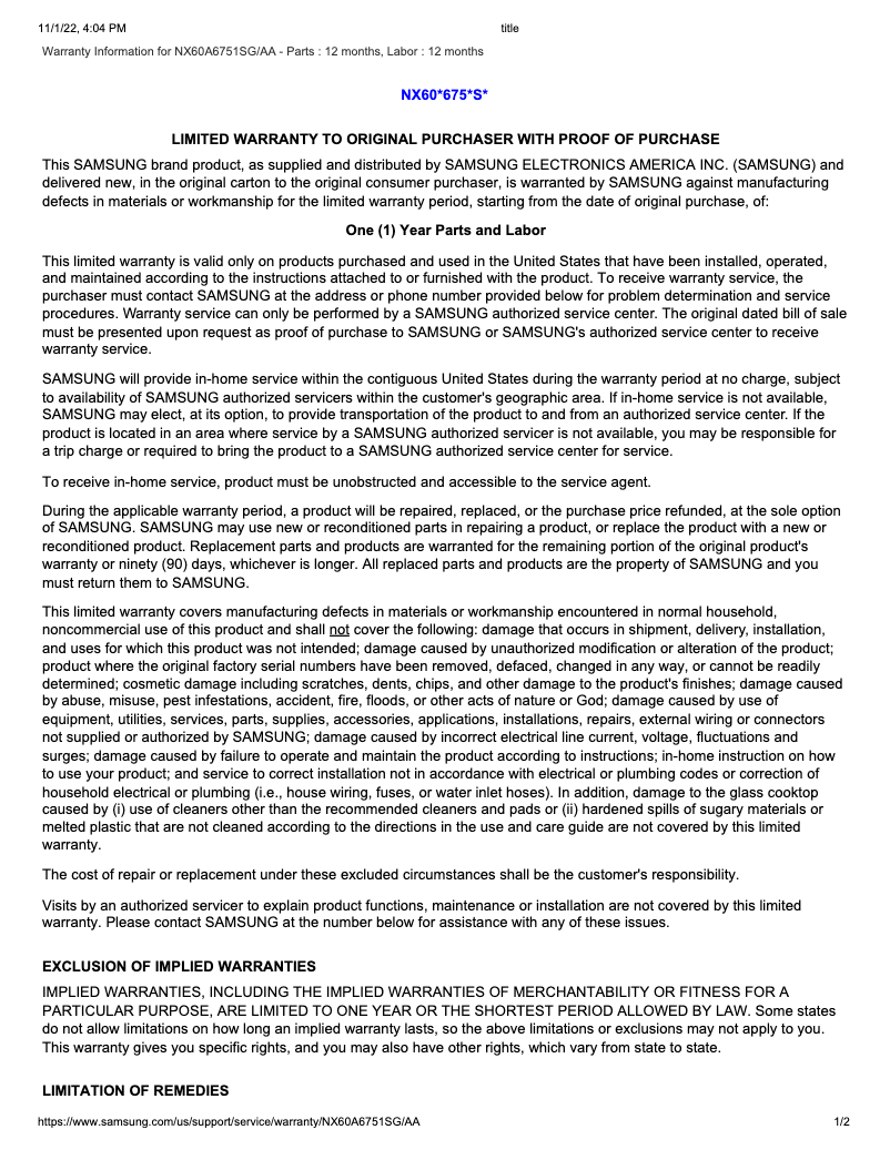 Image de la première page du manuel de l'appareil NX60A6751SG