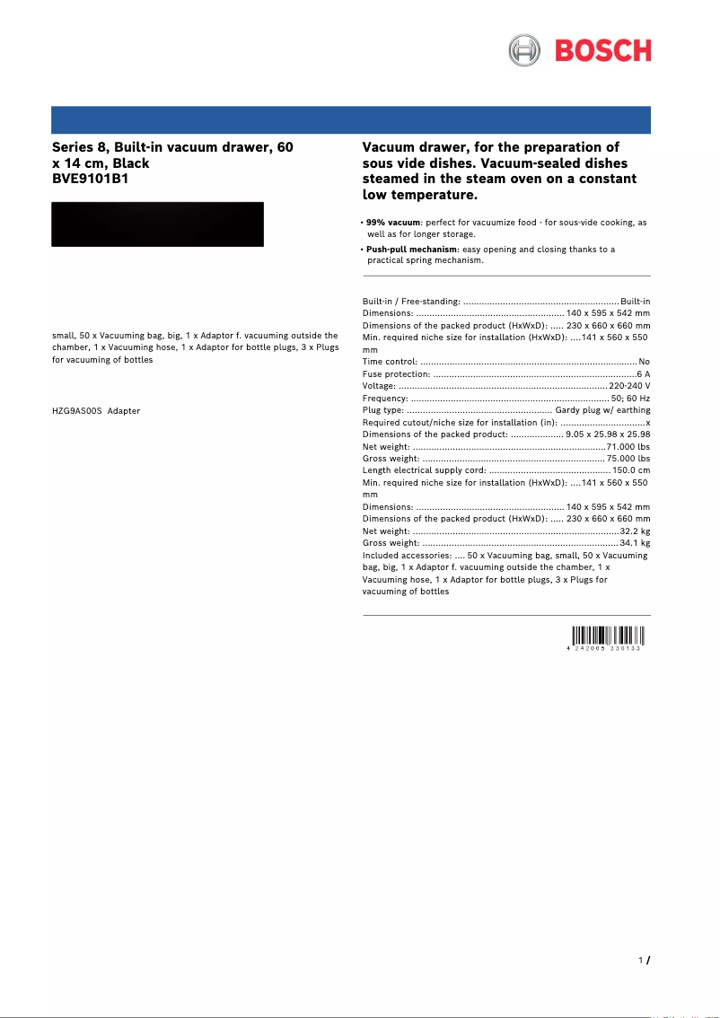 Page n°1 - Fiche technique Bosch BVE9101B1