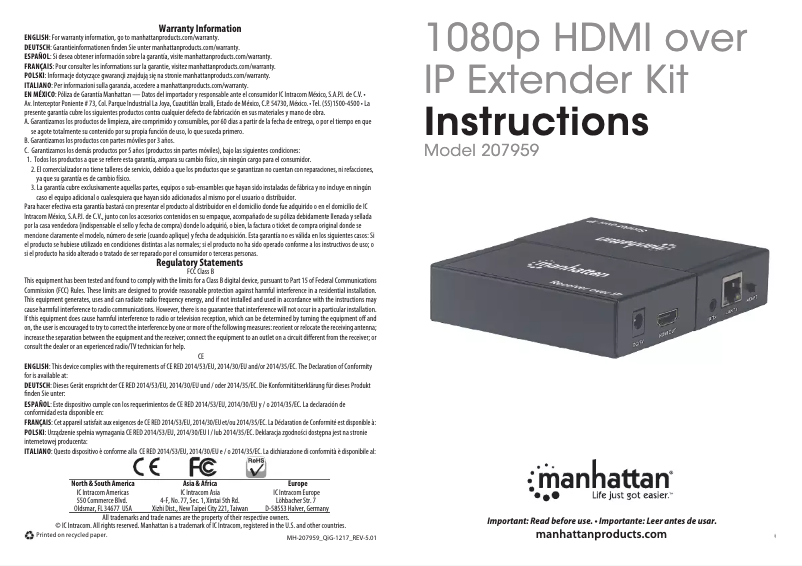 Page 1 de la notice Manuel utilisateur Manhattan 207959