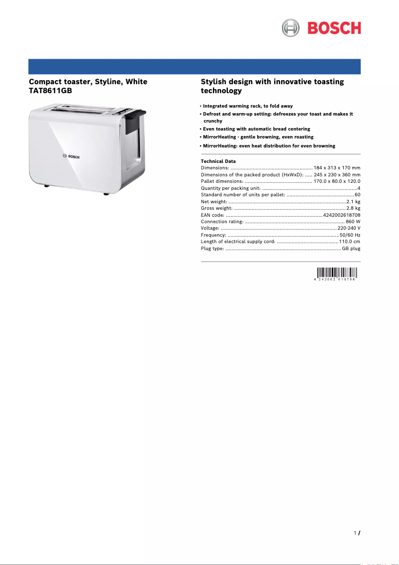 Page 1 de la notice Fiche technique Bosch TAT8611GB