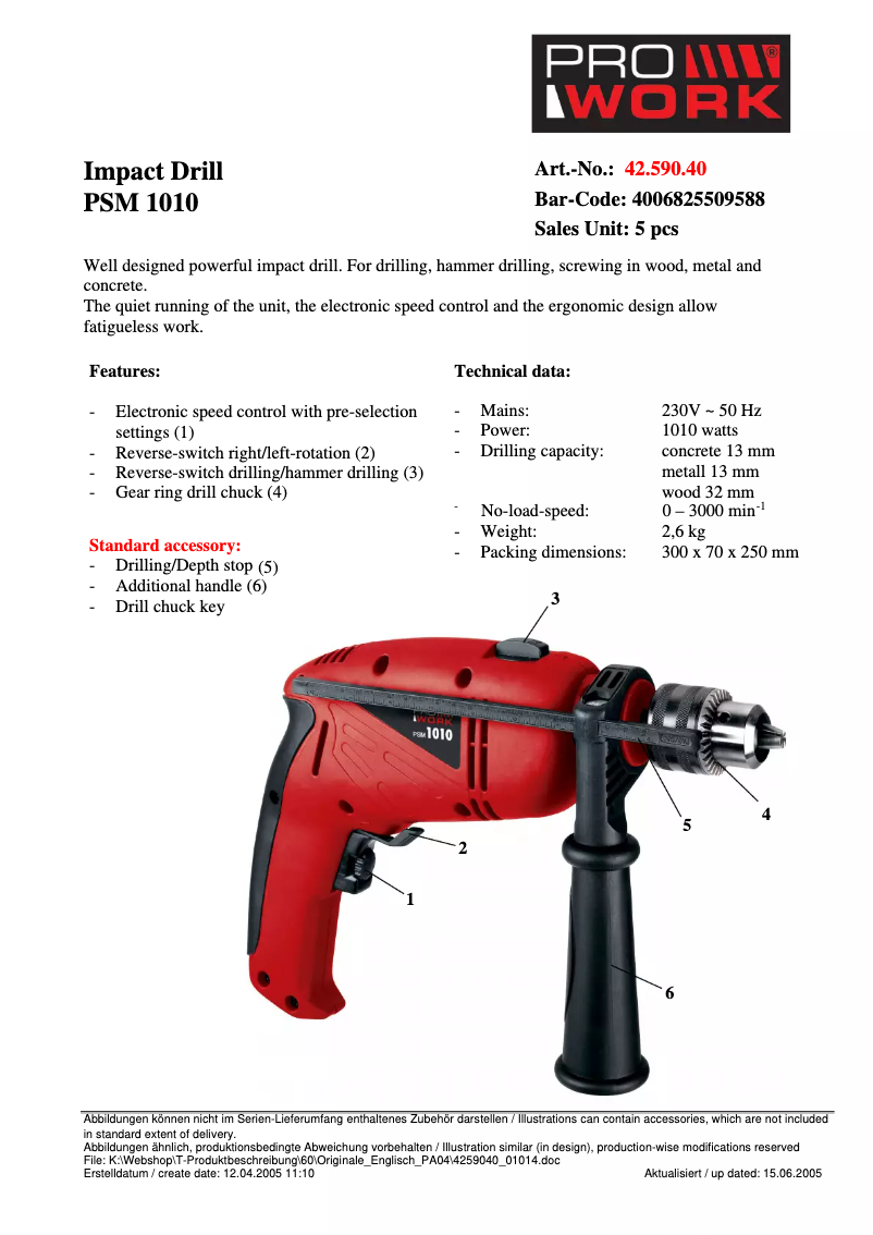 Page n°1 - Fiche technique Prowork PSM 1010