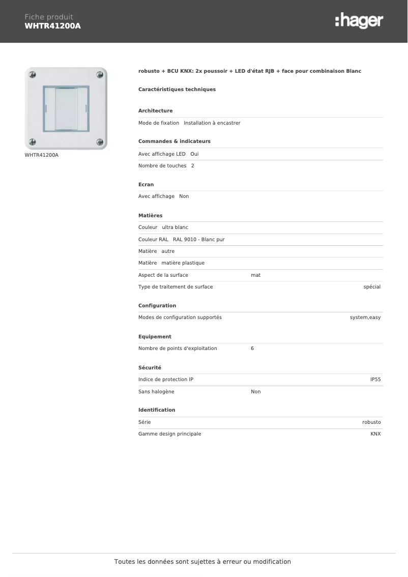 Page 1 of the manual Technical Sheet Hager WHTR41200A