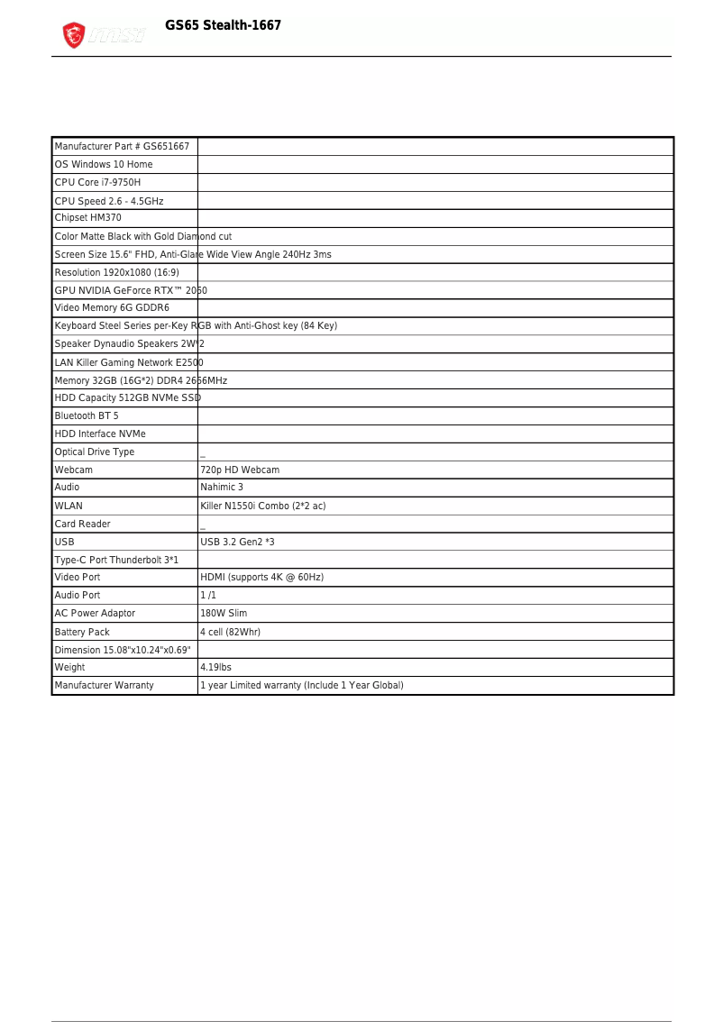 Page n°1 - Fiche technique MSI GS65 Stealth
