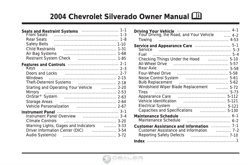 Page 1 de la notice Manuel utilisateur Chevrolet Silverado 1500 (2004)