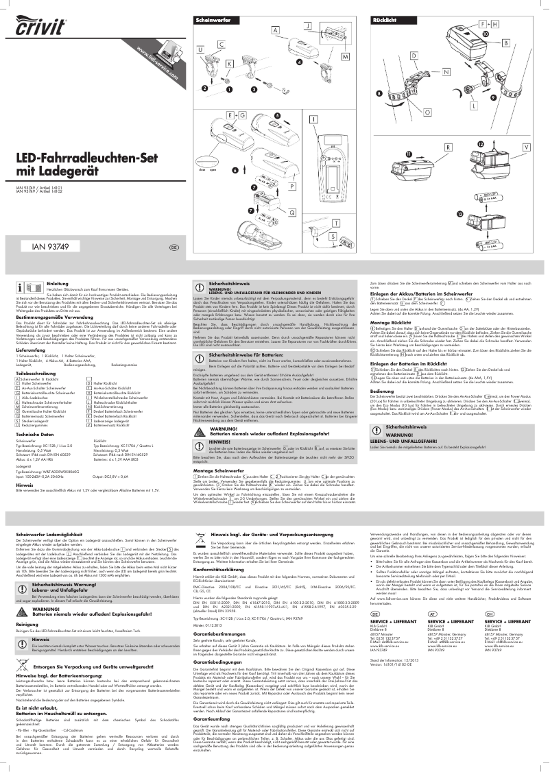 Page 1 de la notice Manuel utilisateur Crivit IAN 93749