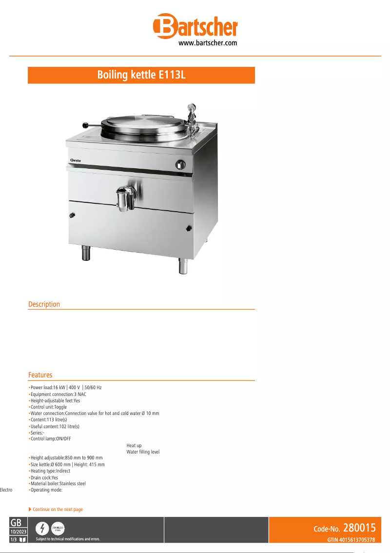 Page n°1 - Fiche technique Bartscher E113L
