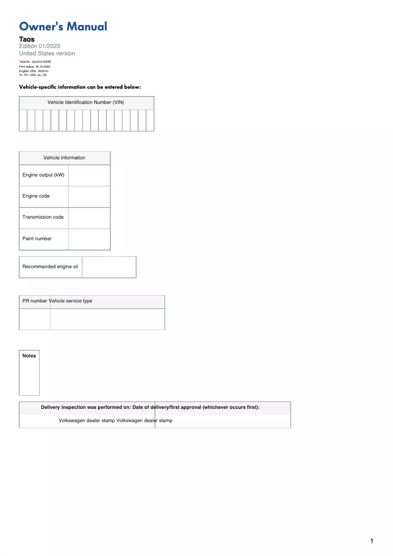 Page 1 de la notice Manuel utilisateur Volkswagen Taos (2023)