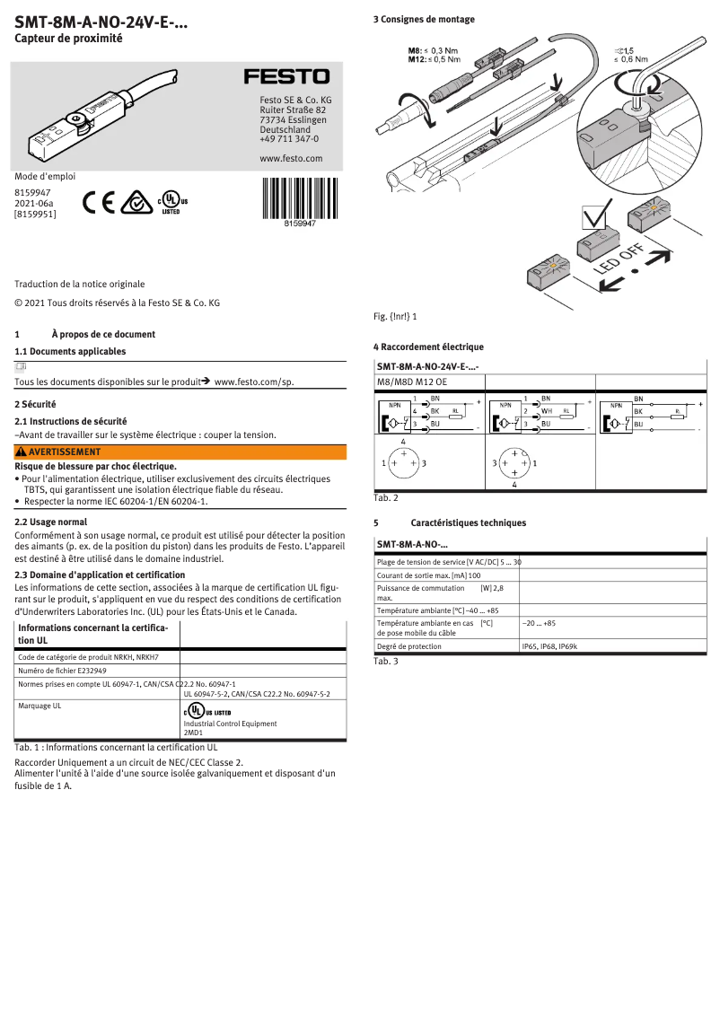Page 1 de la notice Manuel utilisateur Festo SMT-8M-A-NO-24V-E-2,5-OE
