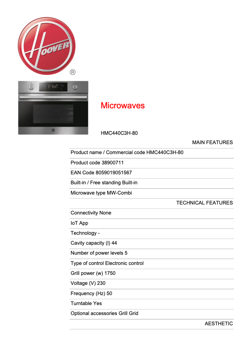 Página 1 del manual Ficha técnica Hoover HMC440C3H-80