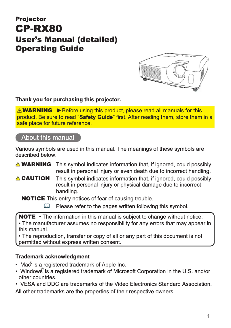 Image de la première page du manuel de l'appareil CP-RX80