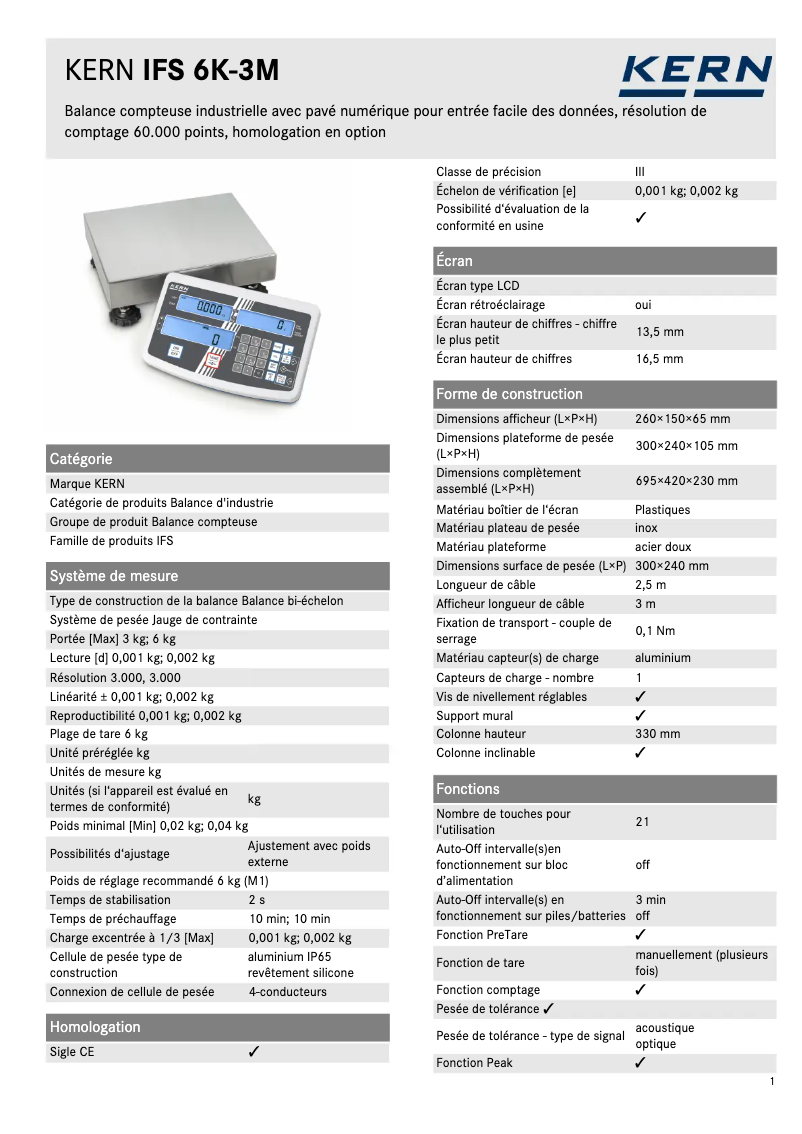 Page 1 de la notice Fiche technique Kern IFS 6K-3M