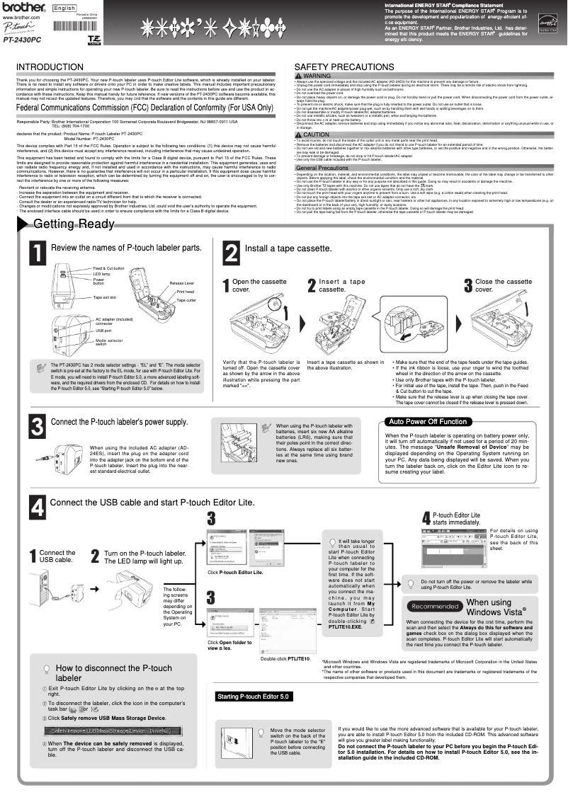 Page 1 de la notice Manuel utilisateur Brother P-Touch 2430PC