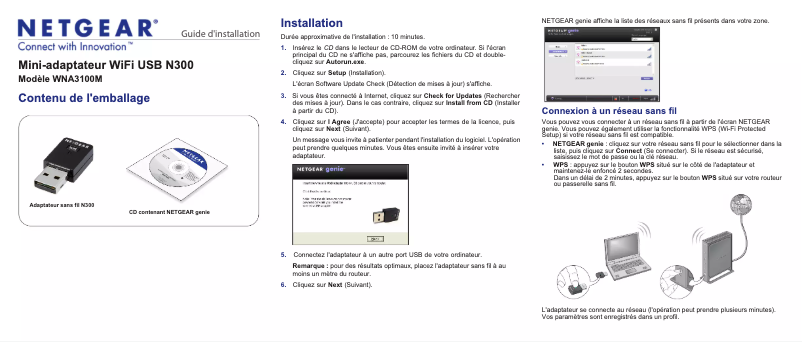 Page 1 de la notice Guide d'installation Netgear WNA3100M