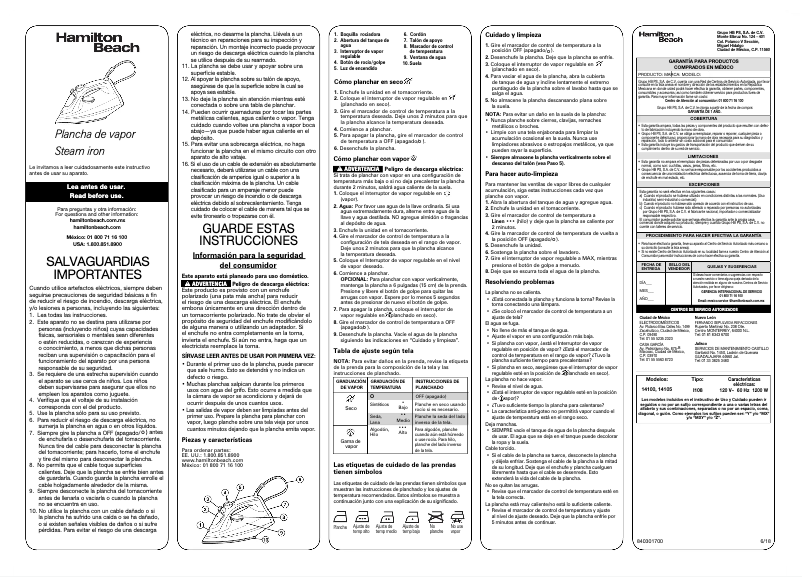 Page 1 de la notice Manuel utilisateur Hamilton Beach Extra-Glide 14105