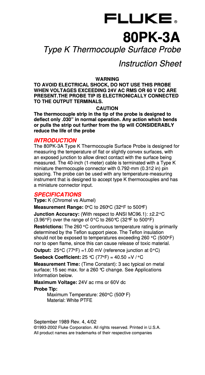 Page 1 de la notice Instructions / montage Fluke 80PK-3A