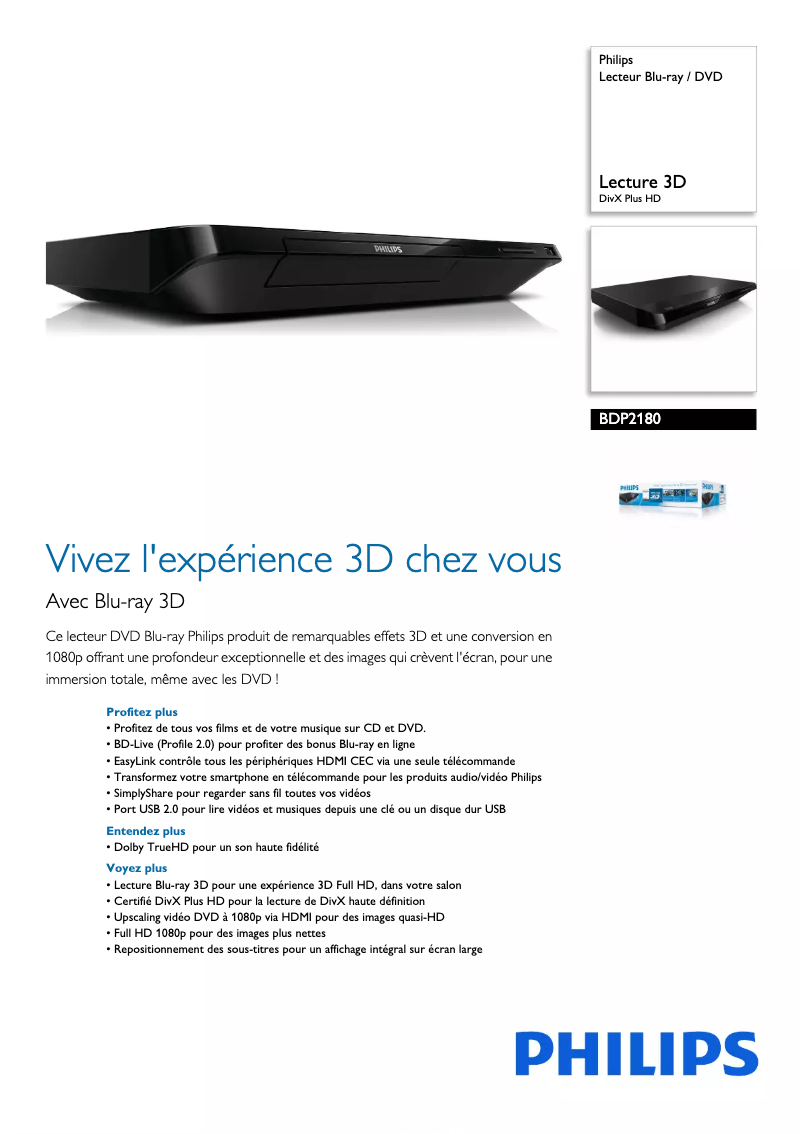 Page 1 de la notice Fiche technique Philips BDP2180