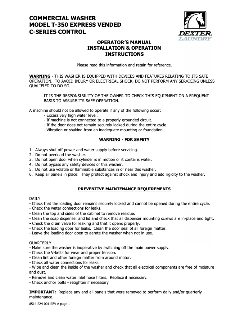 Page 1 de la notice Manuel utilisateur Dexter T-350 Express