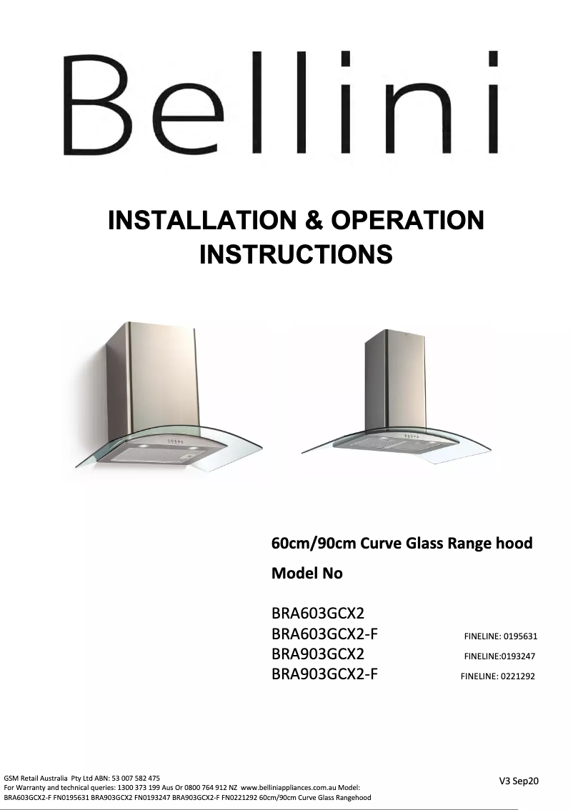 Page 1 de la notice Manuel utilisateur Bellini BRA903GCX2